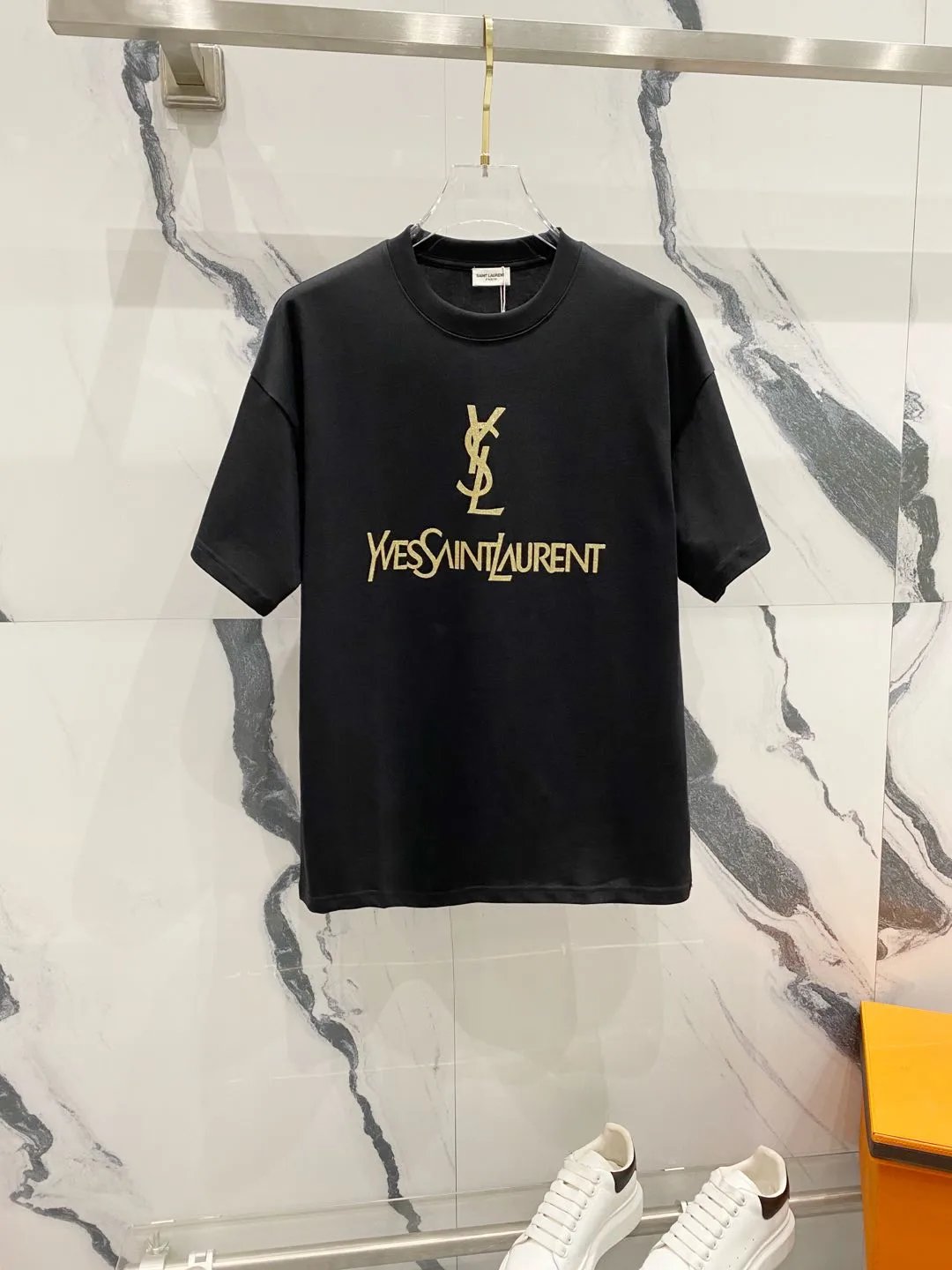 YSL T-shirt Simple Gold Line Brand Letter on Chest logo round Neck Short Sleeve25ss New pure cotton T Unisex T-Shirt OS Drop Shoulder Loose Fit Base Shirt Top T-Shirt Short Sleeve