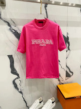 PRADA T-shirt Three-Dimensional Embroidery Spray Printing Letters LOGO round Neck Short Sleeve25ss New Pure Cotton Unisex Style T T-shirt OS Loose Fit Base Shirt Top Half Sleeve T-Shirt