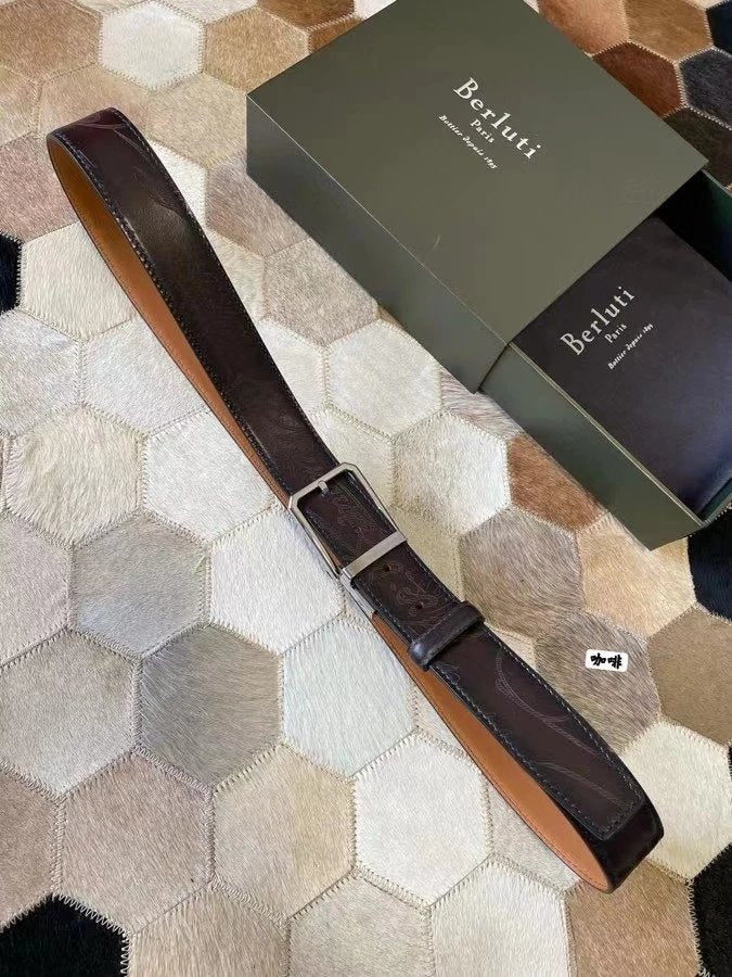 Berluti Belt Top version Original Single Men's New High-End Double-Sided Belt Waist Belt Pure Steel Rotating Pin Buckle Buckle Double-Sided Two-Color Totem Carving Carved Genuine Leather35mm Full Package Belt Men