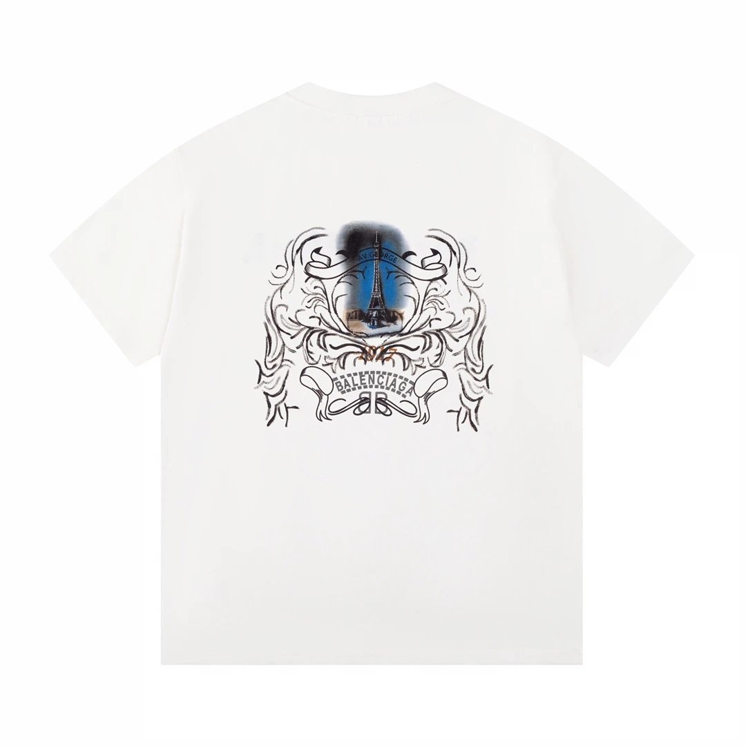 Balenciaga T-shirt Back with Paris Eiffel Tower Print logo round Neck Short Sleeve25ss New pure cotton T Unisex T-Shirt OS Drop Shoulder Loose Fit Base Shirt Top T-Shirt Short Sleeve