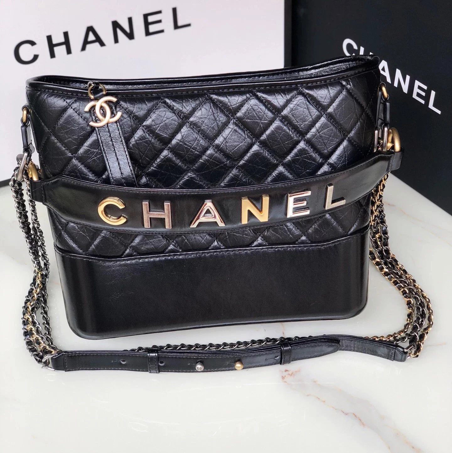 Chanel Women's Bag Top version 【Original Leather】Gabrielle Hobo Bag Letter Color Matching Large Shoulder Strap Diamond Plaid Original Leather Handbag Shoulder Bag Messenger Bag Hobo Bag Women's Bag