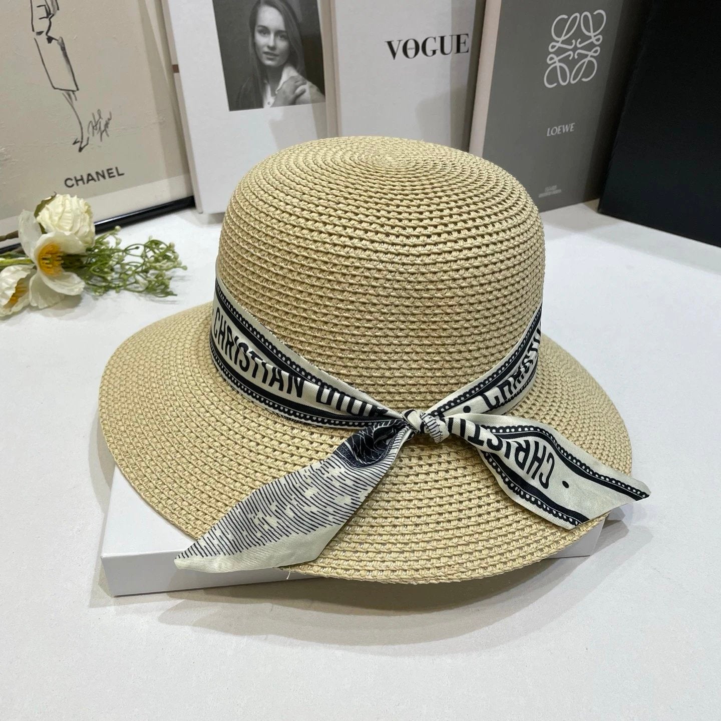 Dior Hat Bow logo Fisherman Hat Straw Hat Casual Sun Protection Plain Face Covering Sunshade Outdoor UV Protection Versatile Flat Top Bucket Hat