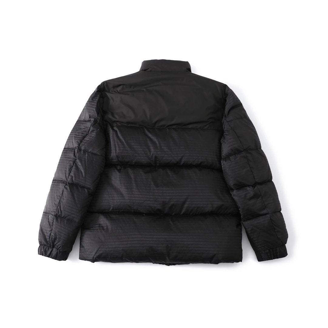 Prada down jacket New Metal Triangle Badge logo Stand Collar Full Print Patchwork Down Jacket Coat Unisex