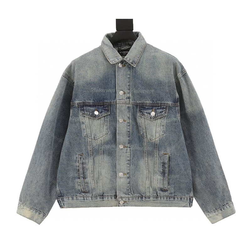 Balenciaga Jackets Small Letters Full Printed Washed Denim Jacket Same Style for Men and Women