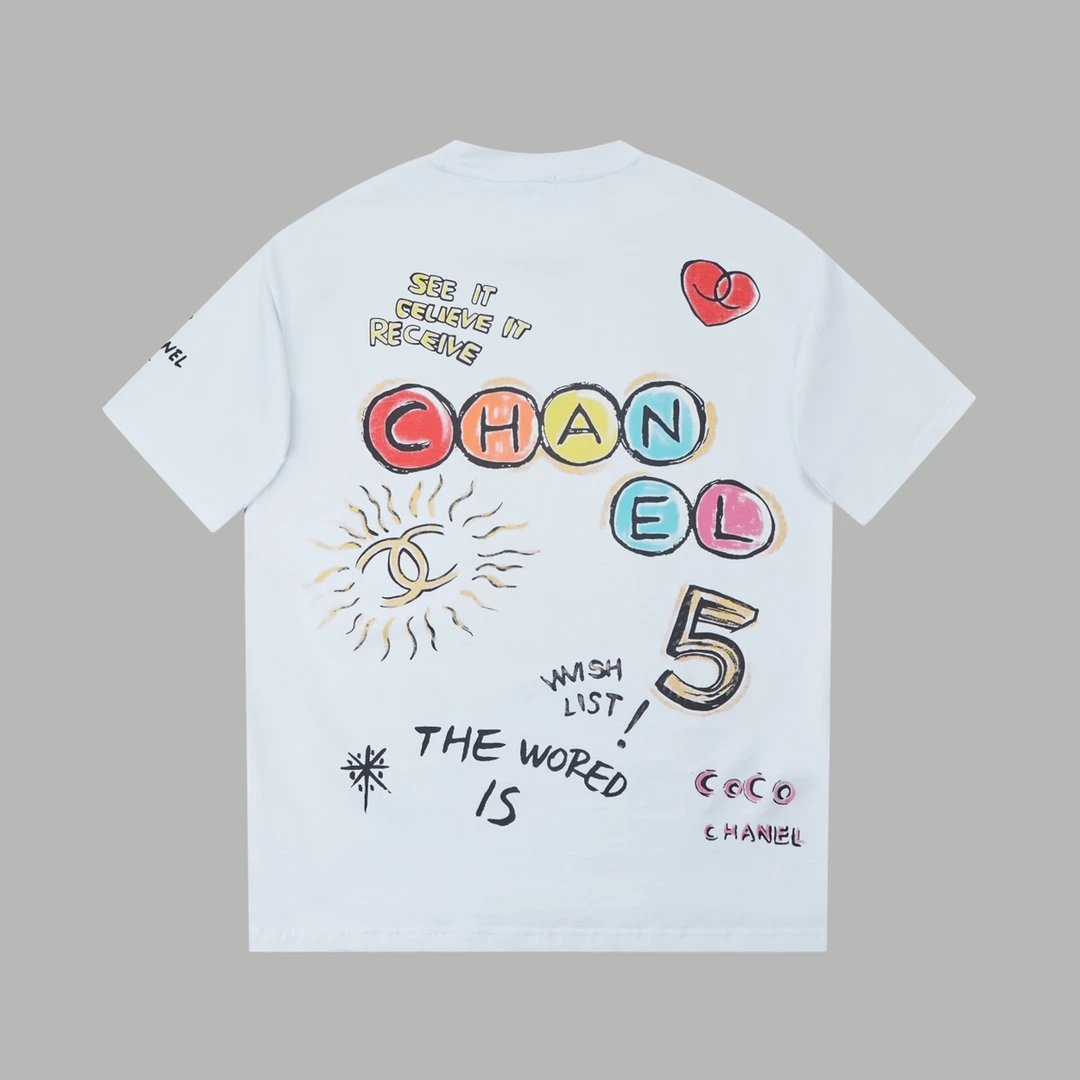 Chanel T-shirt Back Graffiti Hand-drawn Pattern Print logo round Neck Short Sleeve25ss New pure cotton T Unisex T-Shirt OS Loose Fit Base Shirt Top Half Sleeve T-Shirt