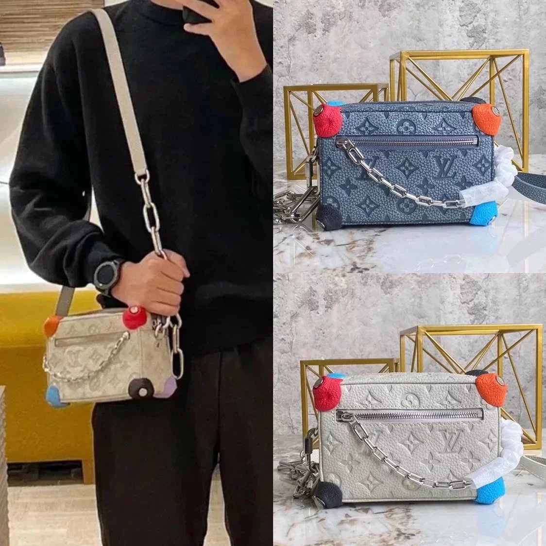 Louis Vuitton LV Women's Bag Top version 【Surrogate Shopping Edition】2022New Rock Climbing Series MiniSoftTrunk Handbag Men's and Women's Full Leather Floral Color Rock Climbing Box Bag Chain Bag Thick Straps Leather Patchwork Shoulder Strap Men's Shoulde