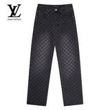 Louis Vuitton LV Jeans Front and back black checkerboard gradient logo25ss Spring Summer New Straight Loose Slim Fit Jeans Unisex Long Pants