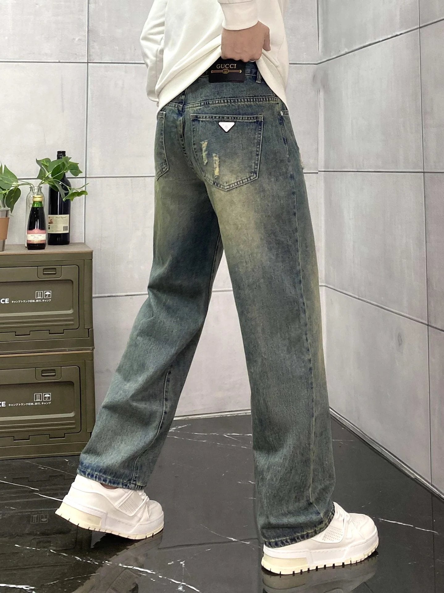 Gucci Jeans Back Waist Leather Tag logo Straight Washed Blue Jeans Autumn Winter New Unisex Casual Wide Leg High Waist Loose Fit Pants