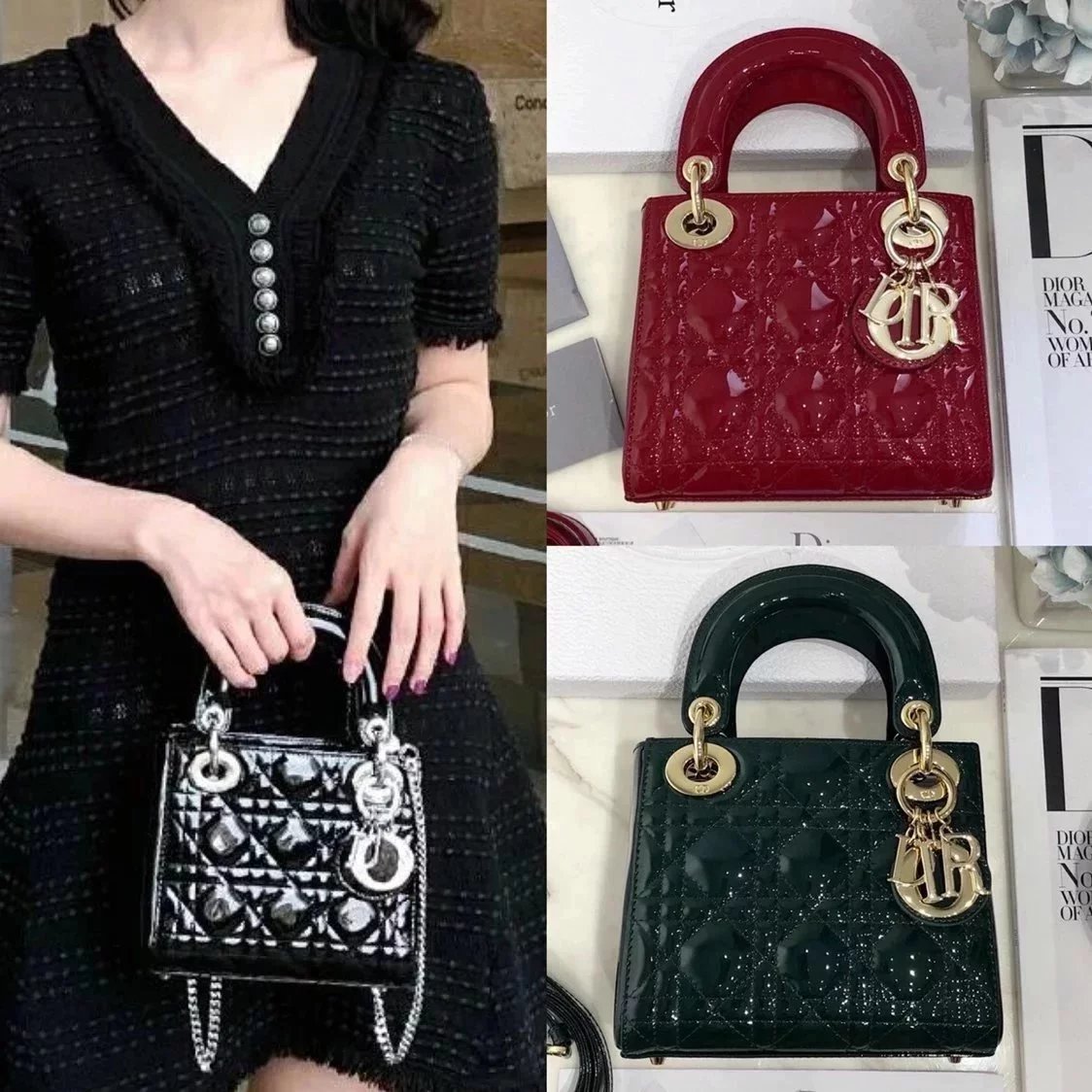 Dior Women's Bag Top version Version2023New ladymini Bag Diana Bag Three-Grid Classic Patent Leather Chain Shoulder Messenger Handbag Women's Bag