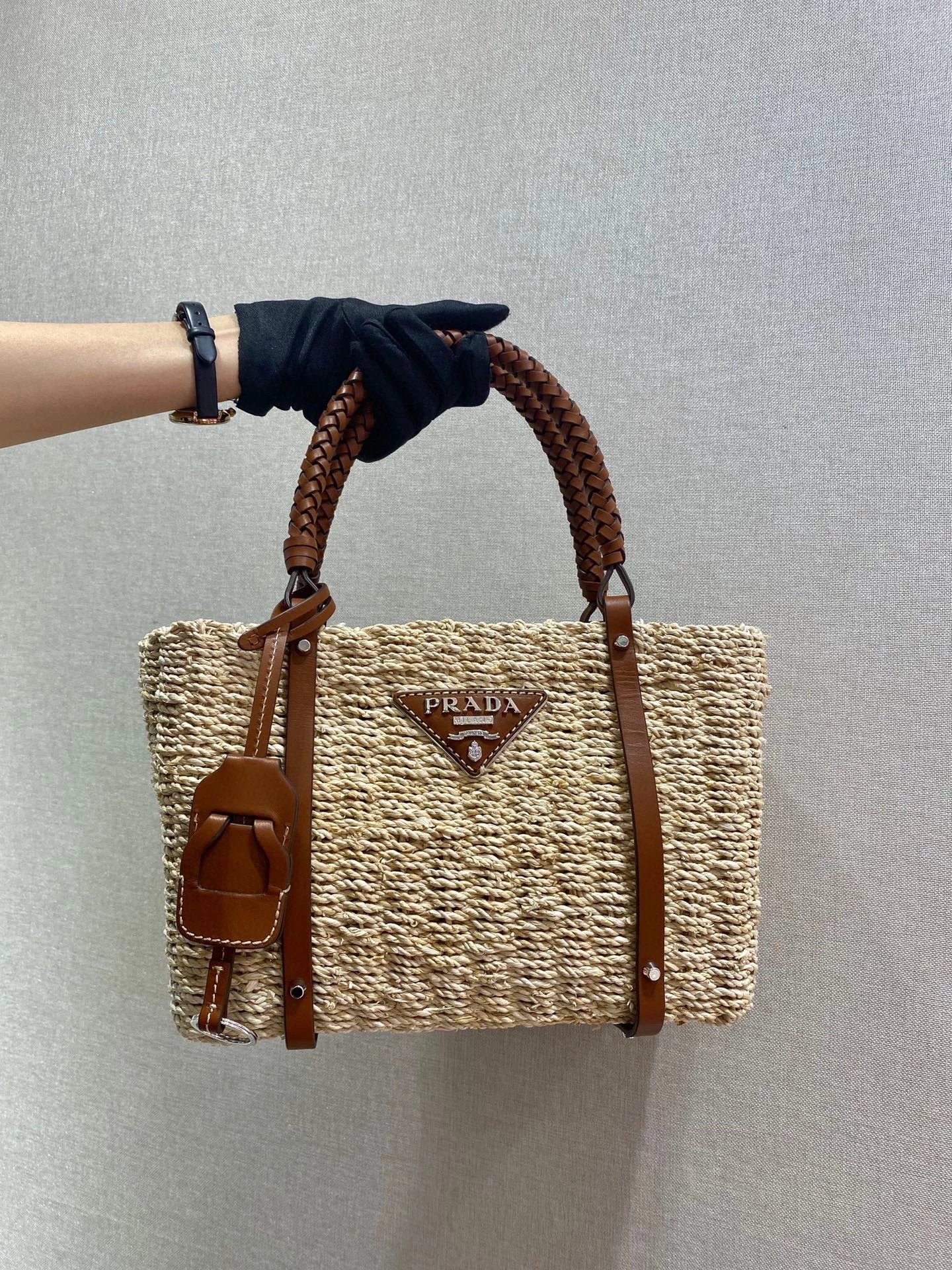 PRADA Bag Top version The Original Order Is New Straw Bag and Imported Cowhide European and American Fashion Handmade Bamboo Middle-Ancient Women's Woven Large Capacity Totes Vegetable Basket Shopping Bag Casual Box Bag Shoulder Bag Messenger Bag Women's