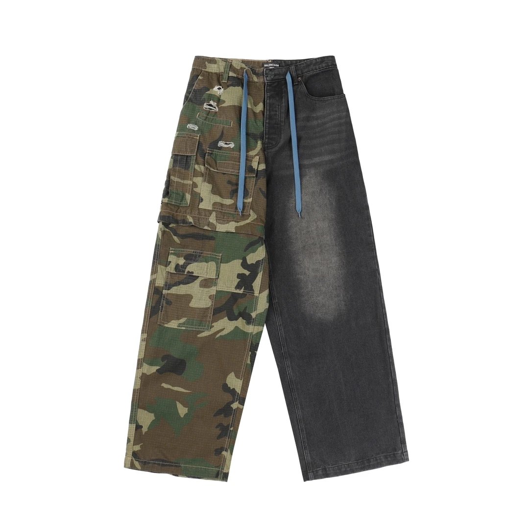 Balenciaga Jeans Camouflage Color Woven Plaid Cargo Pants Patchwork Denim Casual Pants Straight Pants Wide-leg Pants High-waisted Pants Unisex Long Pants24ss Autumn and Winter New Products