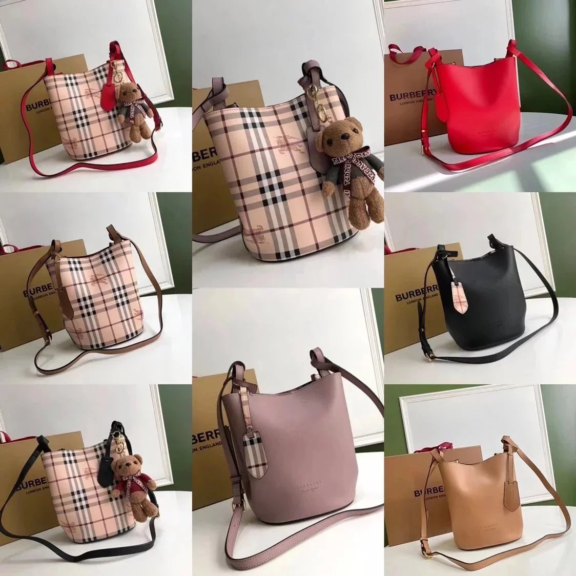 Burberry Women's Bag Top version 【High-End Customization】Plaid Bucket Bag Crossbody Bag Shoulder Bag Original War Horse Plaid Inner Italian Palm Pattern Cowhide Three Colors