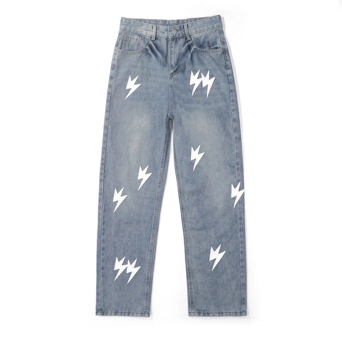 Chrome Hearts Jeans Lightning Cow Patchwork High Street Style Washed Blue Jeans Autumn Winter New Unisex Loose Casual Wide Leg High Waist Pants
