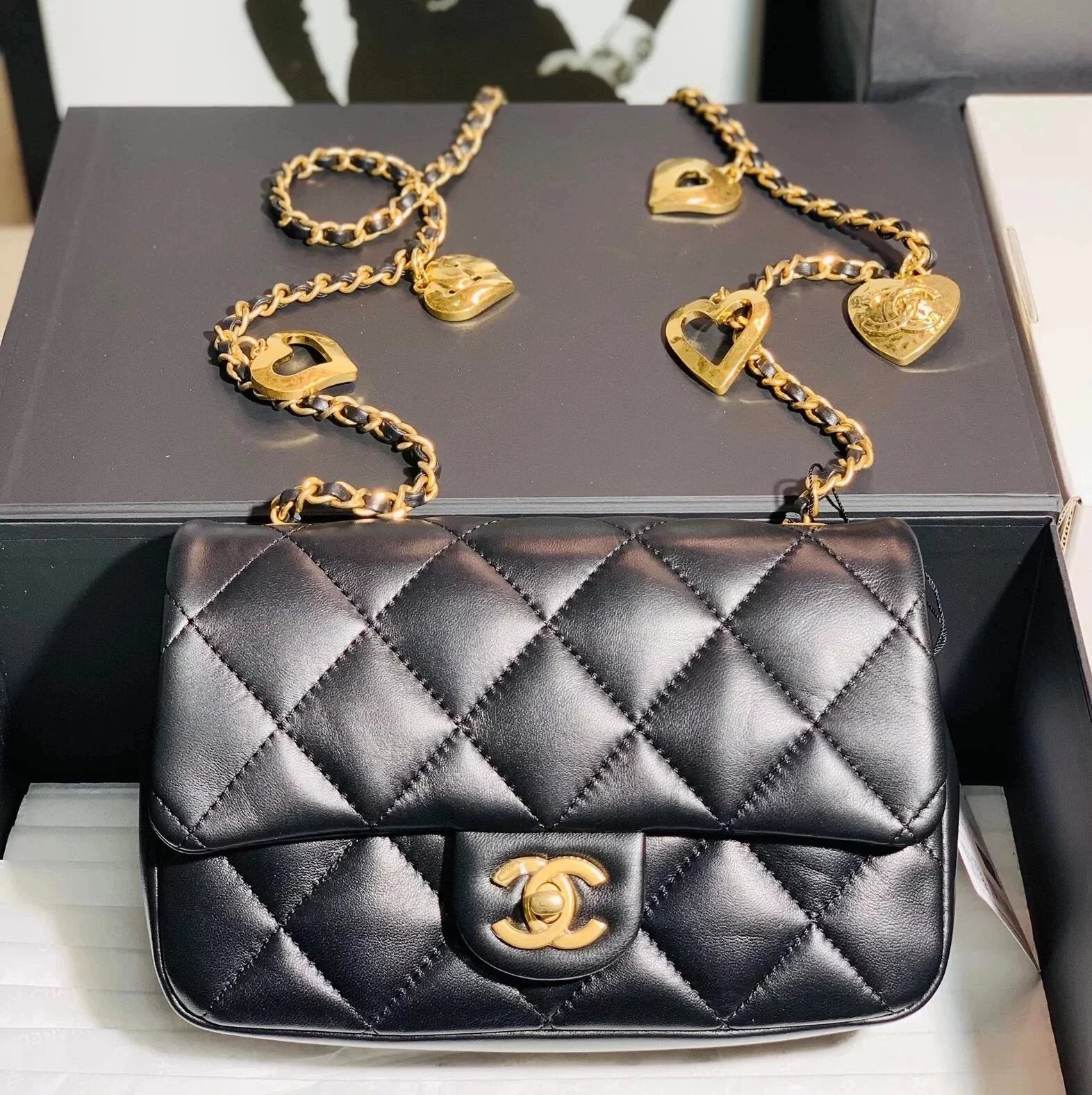 Chanel Women's Bag Top version 【Original Leather Products】2022New Chinese Valentine's Day Love Chain Bag Big Mini Fat Fang CF Bag Heart-Shaped Chain Flap Bag Peach Heart Ornaments New Women's Bag Crossbody Bag