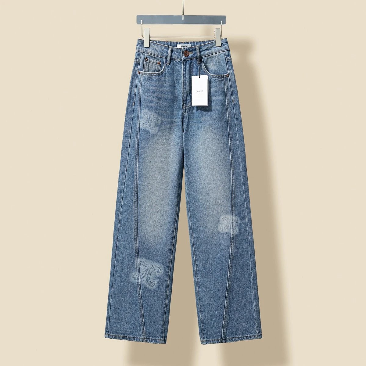 Celine Jeans Irregular Letter Print Denim Straight Leg Pants Women Versatile Casual