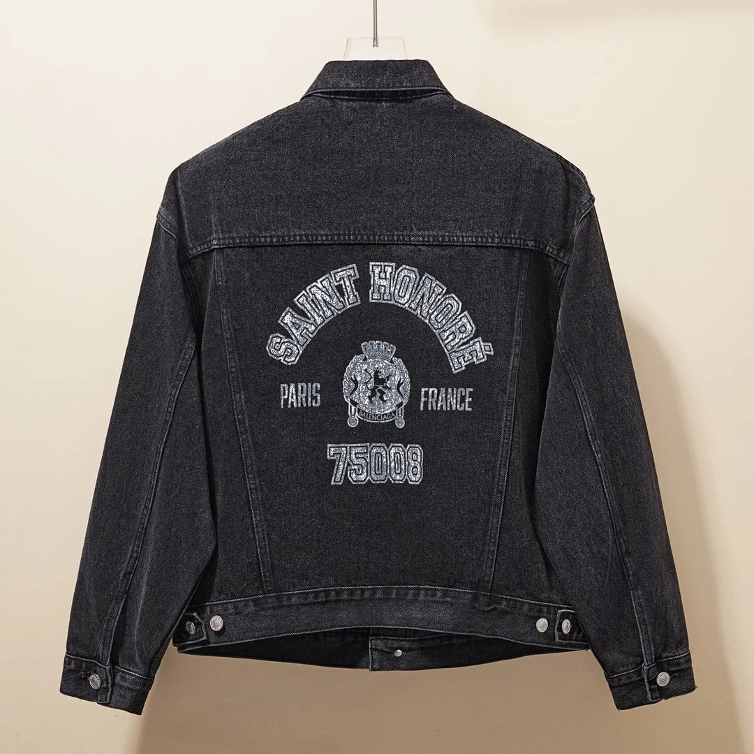 Balenciaga Jackets White printed letters on the back logo Color-Block Denim Jacket Fashion Simple Heavy Casual Short Unisex Washed Vintage Turn-Down Collar Jacket