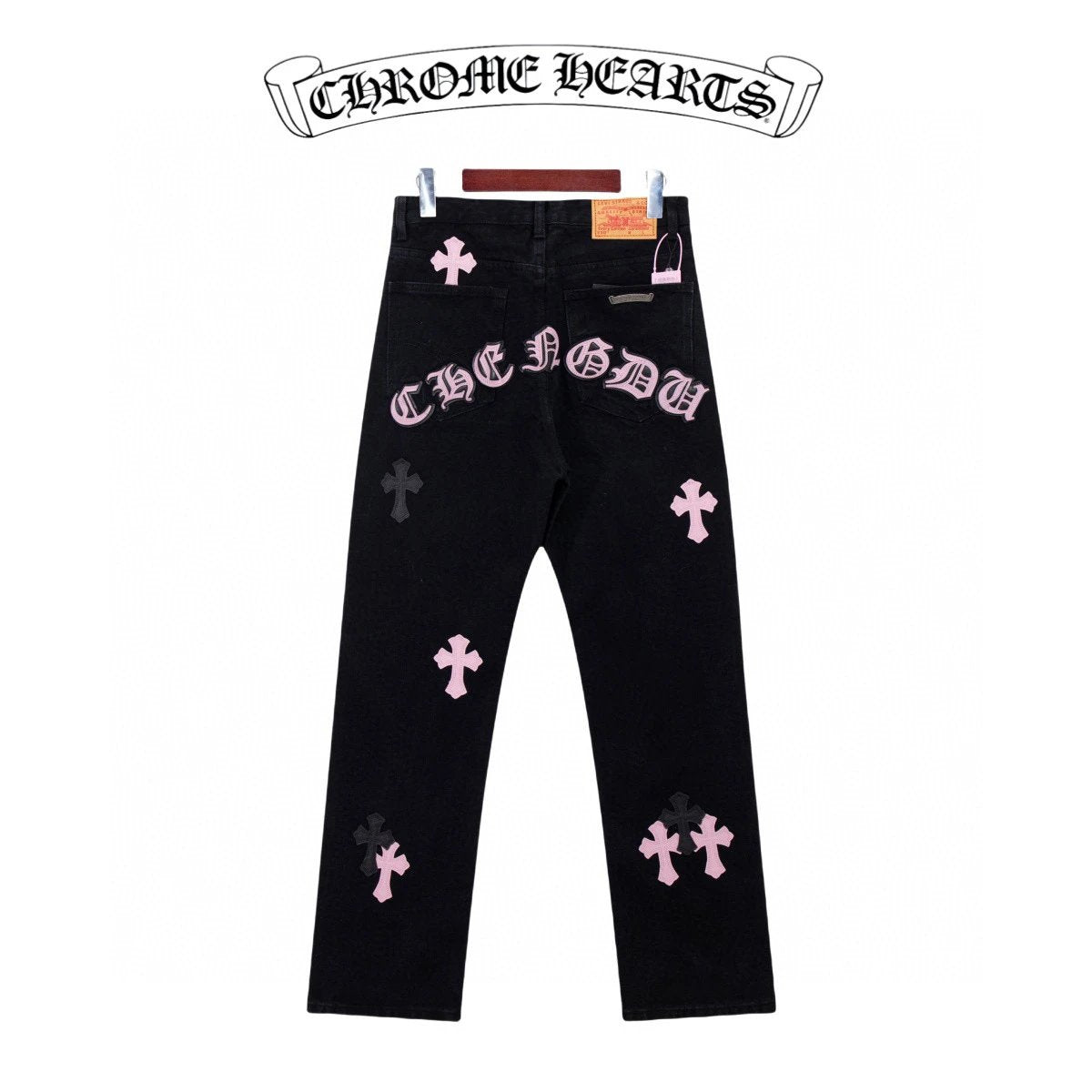 Chrome Hearts Jeans Black Pink Featured Letters and Cross Leather Patchwork logo25ss Spring Summer New Straight Loose Jeans Unisex Slim Fit Long Pants