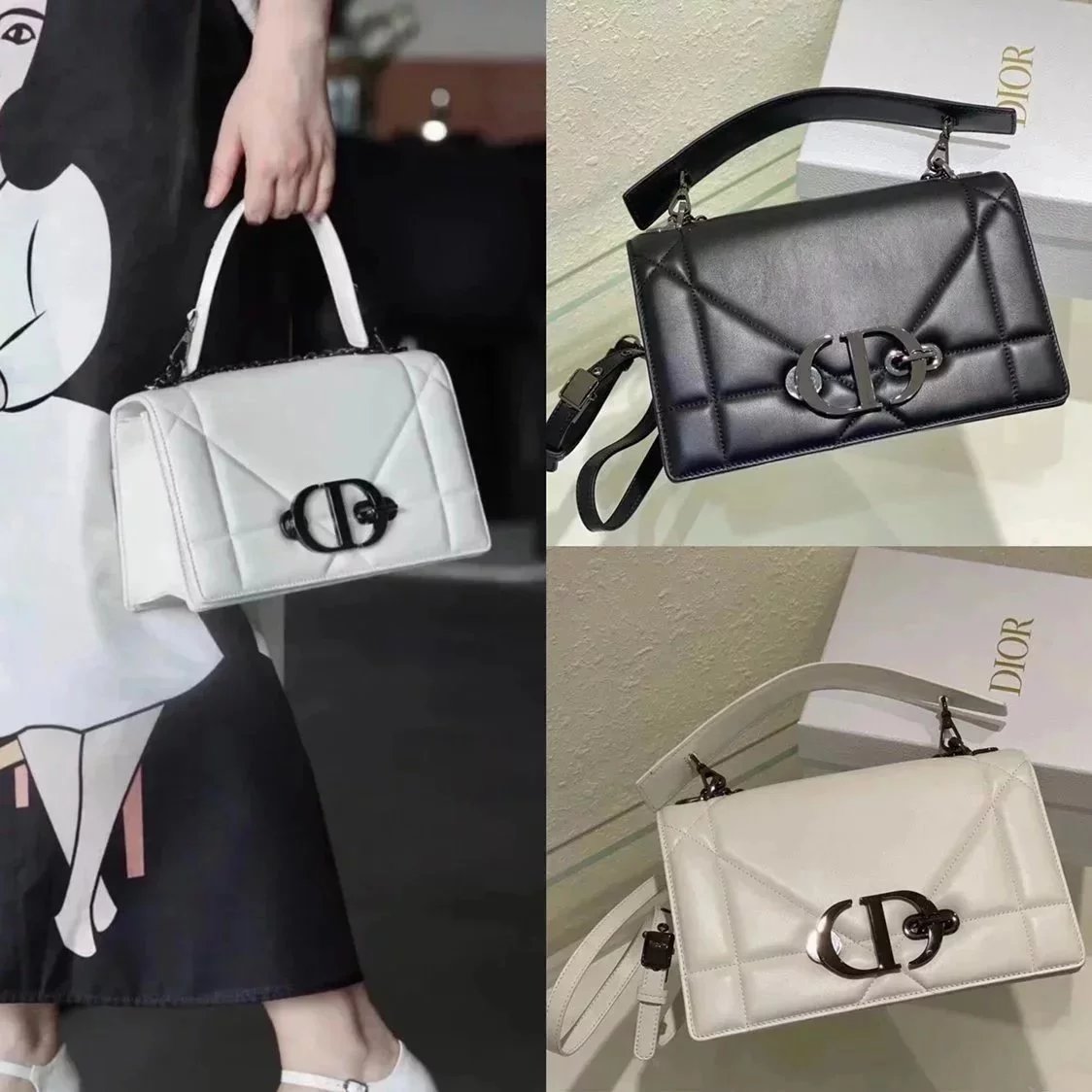 Dior Women's Bag Top version 【Version】2023New30Montaigne Chain Handbag Milkshake White plus-Sized Rattan Plaid Matching Handle Montian Underarm Bag Chain Bag Montaigne Women's Bag Handbag Messenger Bag Shoulder Bag