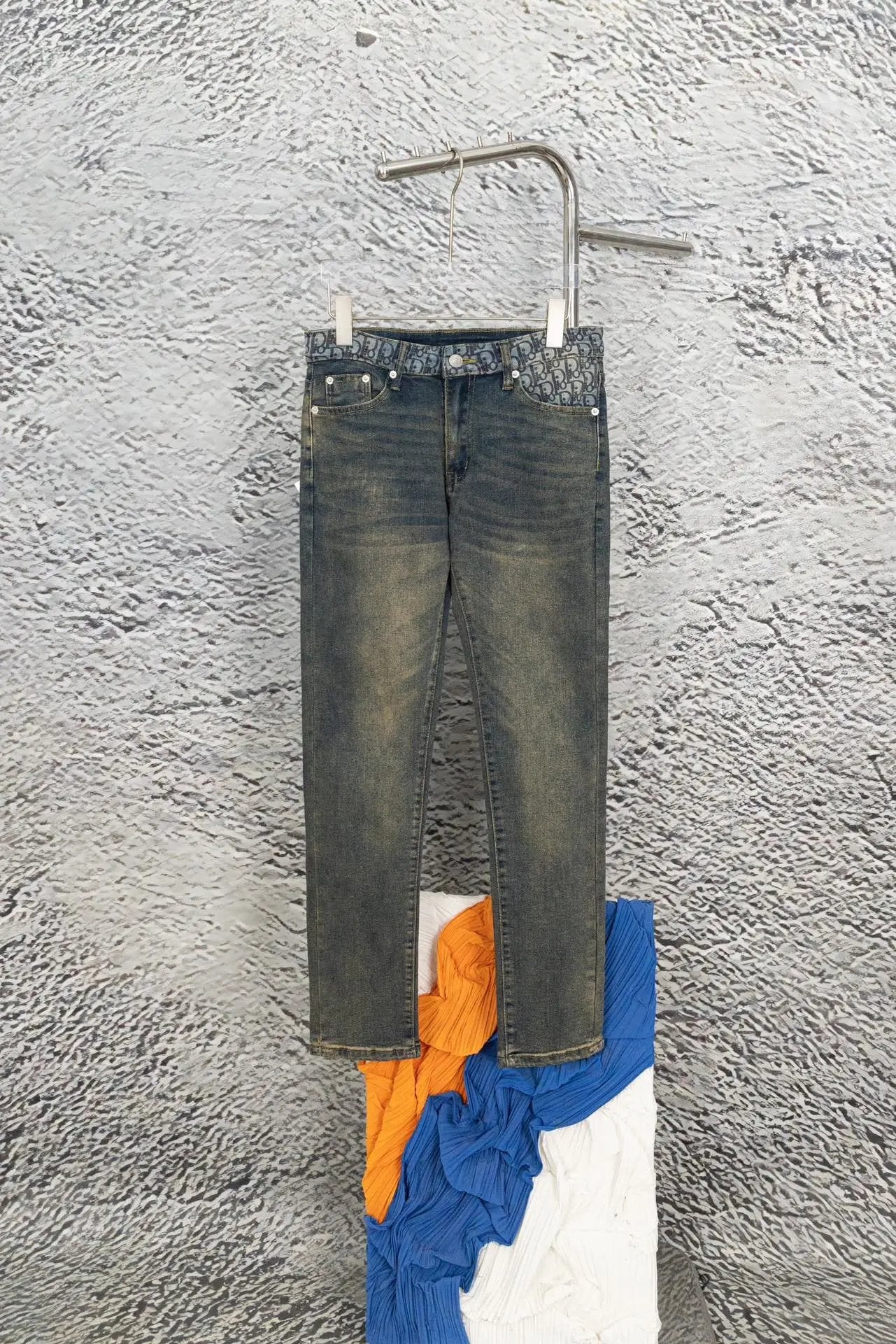 Dior Jeans Back Waist Full Print LOGO Ankle-Tied Feet Washed Blue Jeans Autumn and Winter New Men's and Women's Same Straight Long Pants Loose Casual Wide Leg High Waist