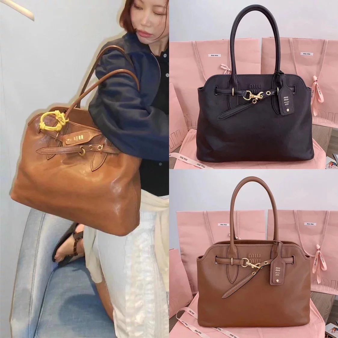 Miu Miu Bag Top version 【Top with Original Leather】2024New New Product Best-Selling Mid-Ancient Tote Bag Commuter Bag Women's Bag New Women's Clothes Briefcase Handbag Handbag Large Shopping Bag Mummy Bag Men's Big Tote Men's Bag Vintage Bag5BG291Tote Bag