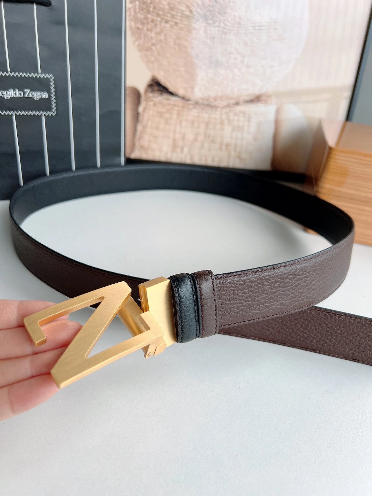 Zegna Belt Top version Original Imported Calf Leather Belt for Business Men Pant Belt3.5CM Belt Double-Sided Dual-Use Men's Needle Belt Suitable for Men's Business Double-Sided Cowhide Classic Belt Gift Box Packaging