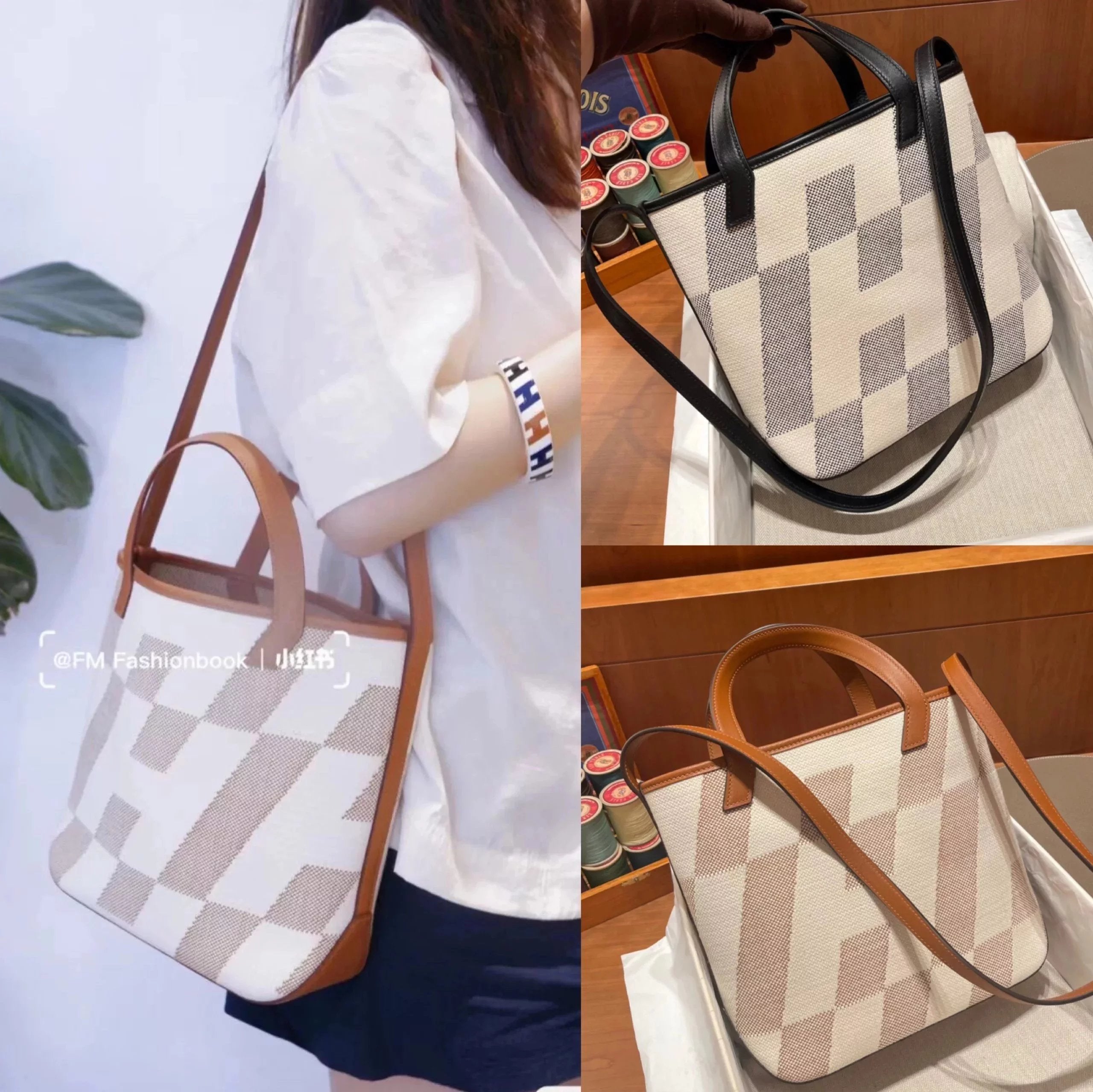 Hermes women's bag Top version Handmade cabasHenbiais27New swift Leather Canvas Twill Black Golden Brown Tote Bag