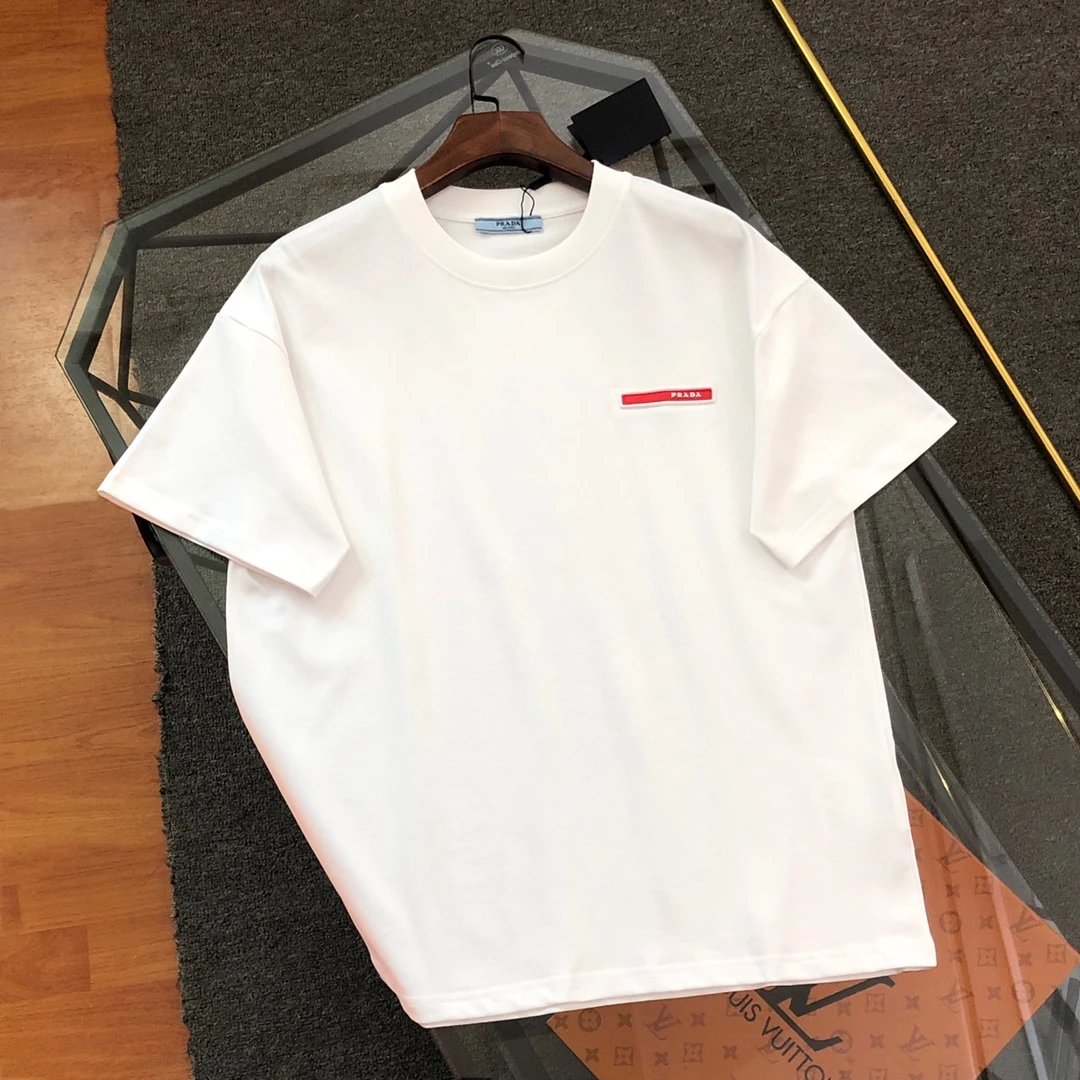 PRADA T-shirt Chest Red Tape logo Round neck short-sleeve pure cotton T T-shirt ins Unisex Simple Summer New Casual Base Shirt T-Shirt