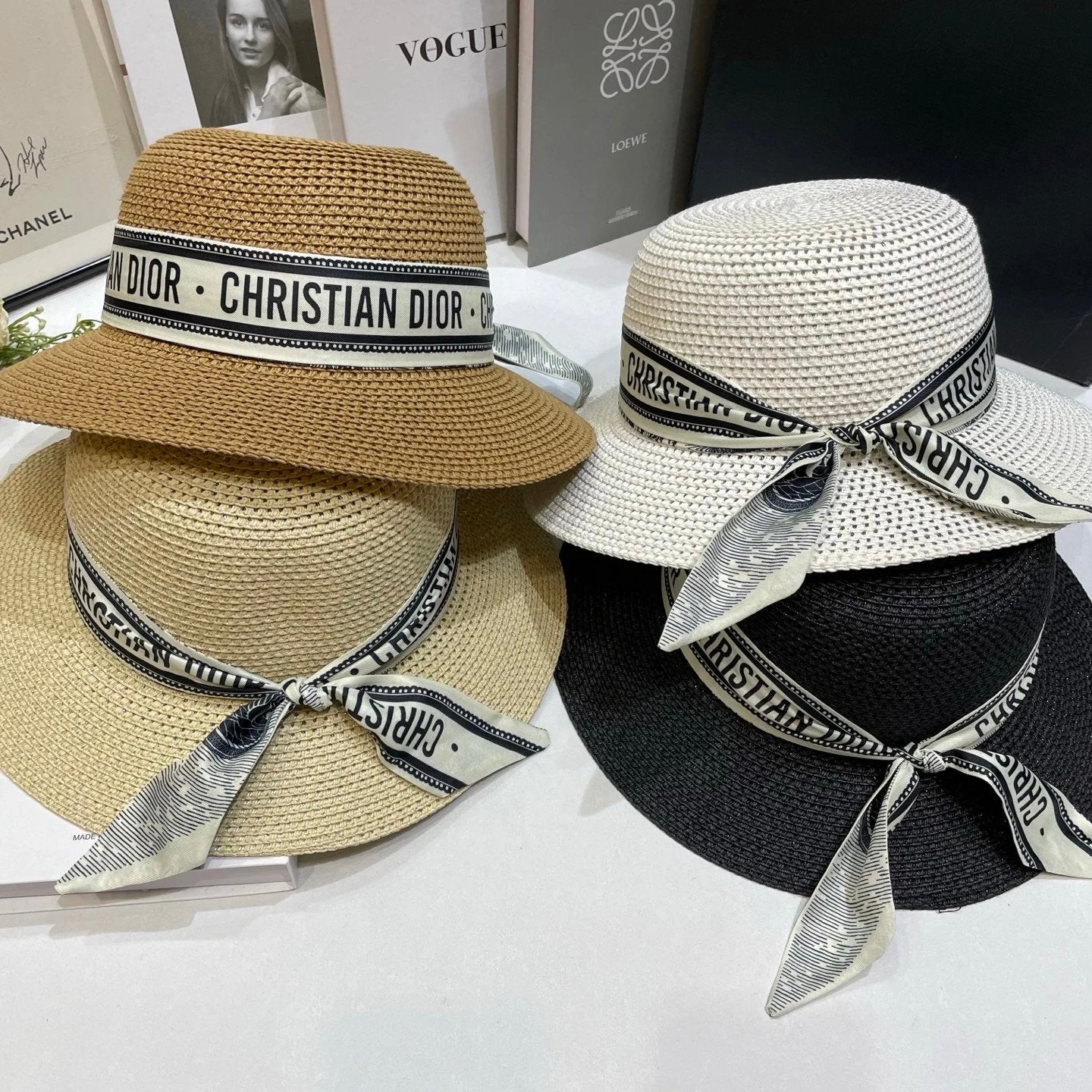 Dior Hat Bow logo Fisherman Hat Straw Hat Casual Sun Protection Plain Face Covering Sunshade Outdoor UV Protection Versatile Flat Top Bucket Hat