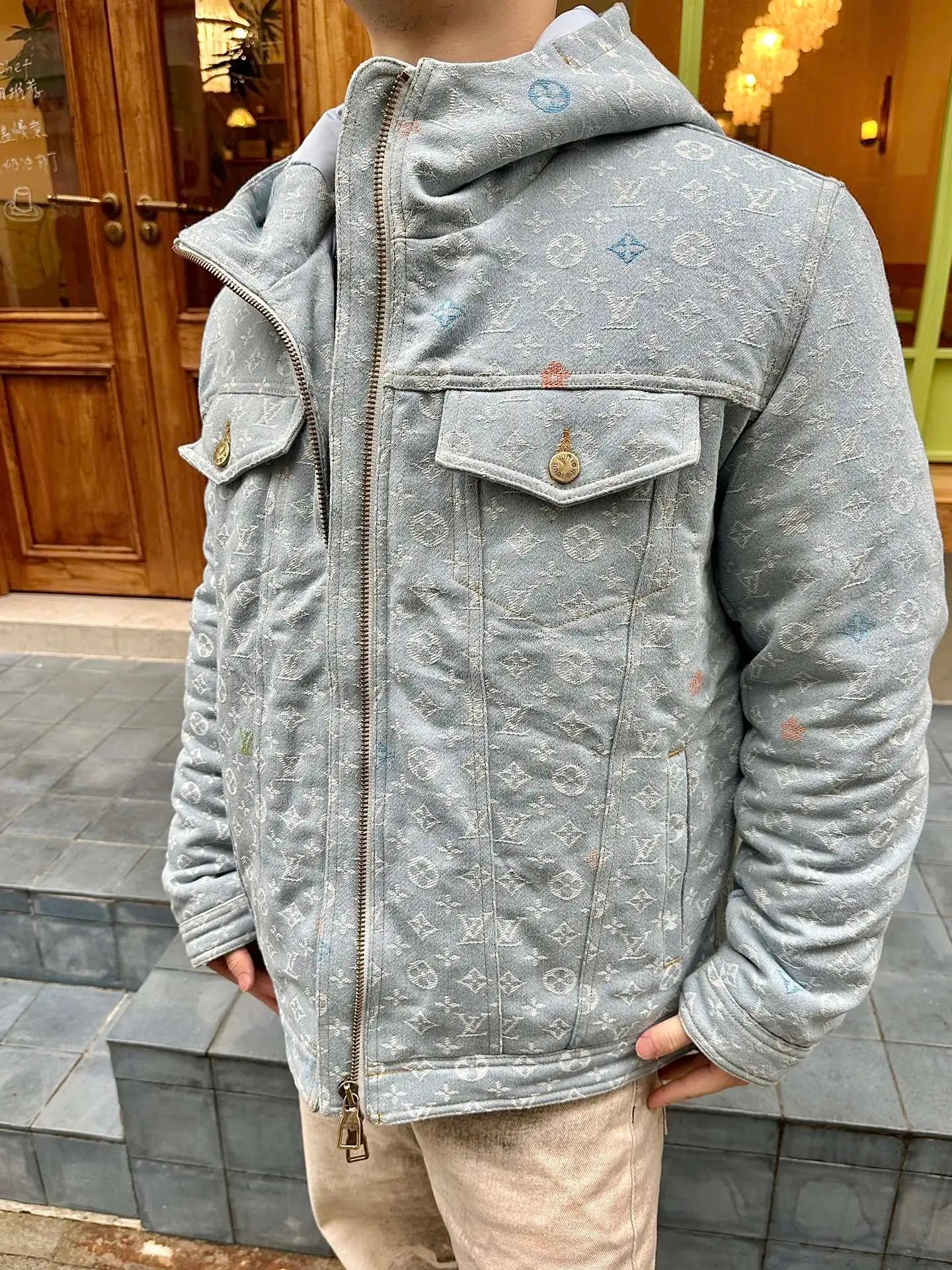 Louis Vuitton LV Jackets Full Print Washed Vintage Jacquard LOGO Hooded Cotton Jacket Unisex Coat Jacket Casual Loose Versatile Winter Warm Sports Jacket