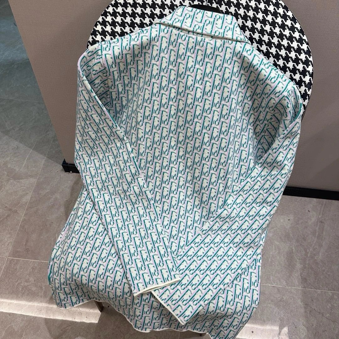 Dior Shirt Vintage Knitted Sweater Jacquard Shirt Long Sleeve Turn-down Collar Thickened Lazy Style OS Loose Fit Jacket Unisex Same Style Inner Versatile Casual Top