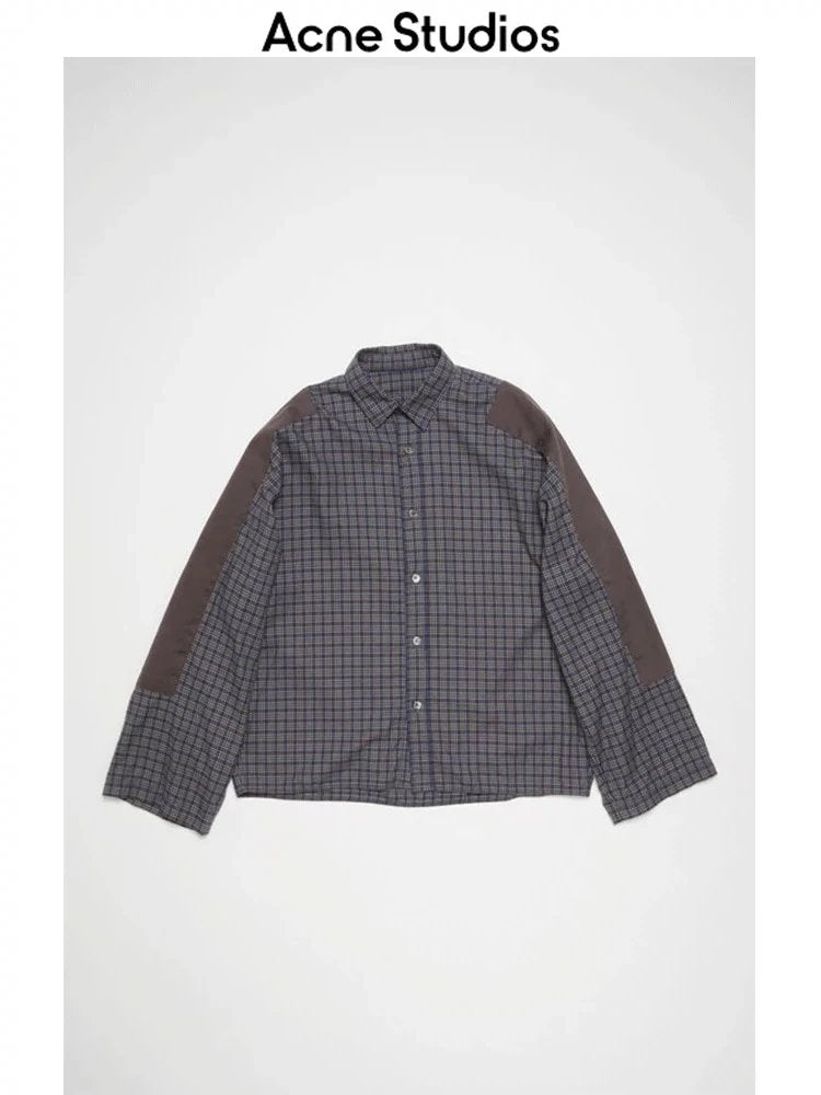 ‌Acne Studios Shirt Top Version Organic Cotton Plaid Contrast Color Patch Stitching Sleeves Casual Loose Flannel Long Sleeve Shirt