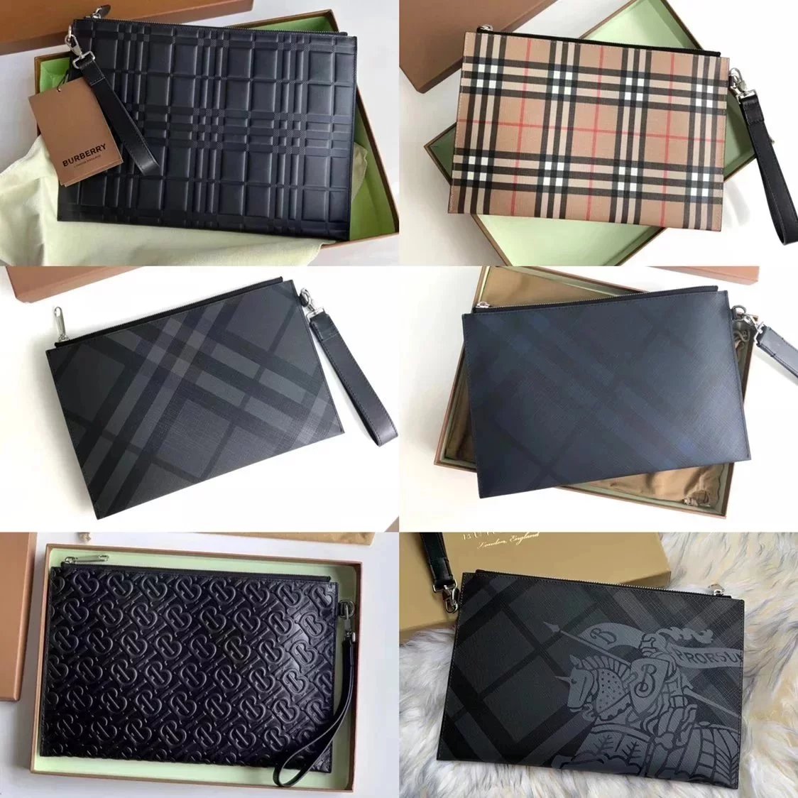 Burberry Men's Bag Top version 【Original Order】New Embossed Plaid Leather Zipper Buggy Bag Men's Clutch Clutch Bag Mobile Phone Bag Men's Bag Genuine Leather Business Clutch