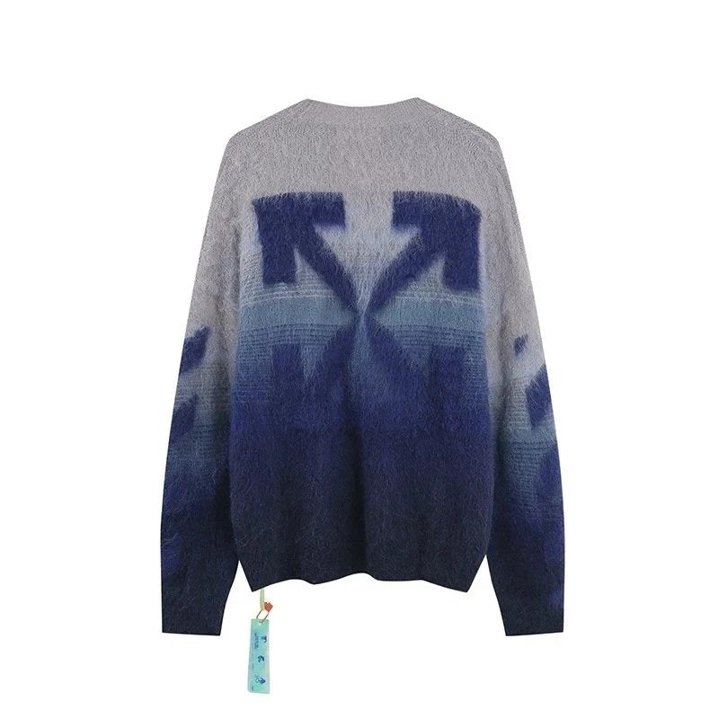 OFF-White Sweater Top Version Verified Quality Sweater Pullover Black and White Arrow Gradient Mohair Autumn and Winter Rendering Knitted Men and Women