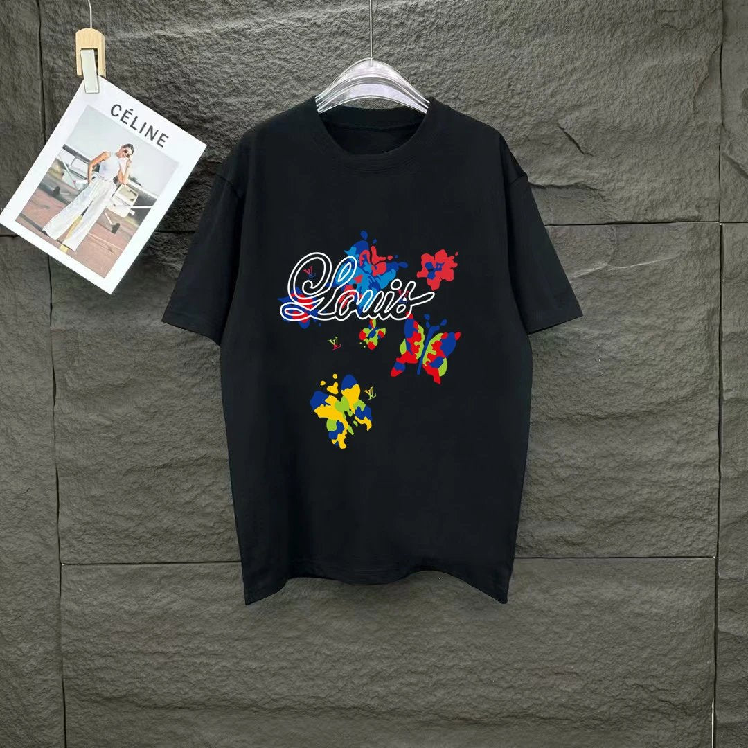 Louis Vuitton LV T-shirt Colorful Print on the Chest logo round Neck Short Sleeve25ss New Pure Cotton Unisex Style T Casual T-Shirt Base Layer Shirt OS Loose Fit Half Sleeve Top Plus Size