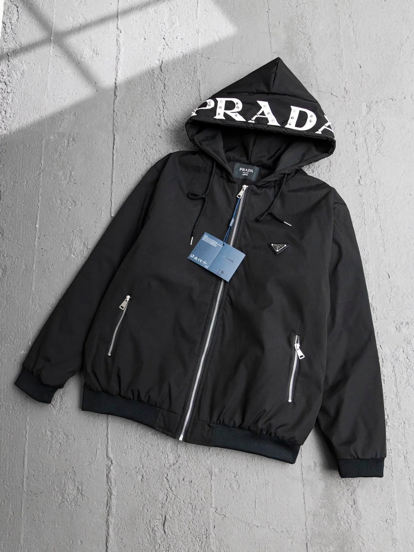 PRADA Jackets Chest Triangle Badge Rivet Hat Zipper Hooded Padded Jacket Casual Loose Versatile Thickened Warm Cotton Coat Jacket Os Version24ss Autumn and Winter New Unisex Style