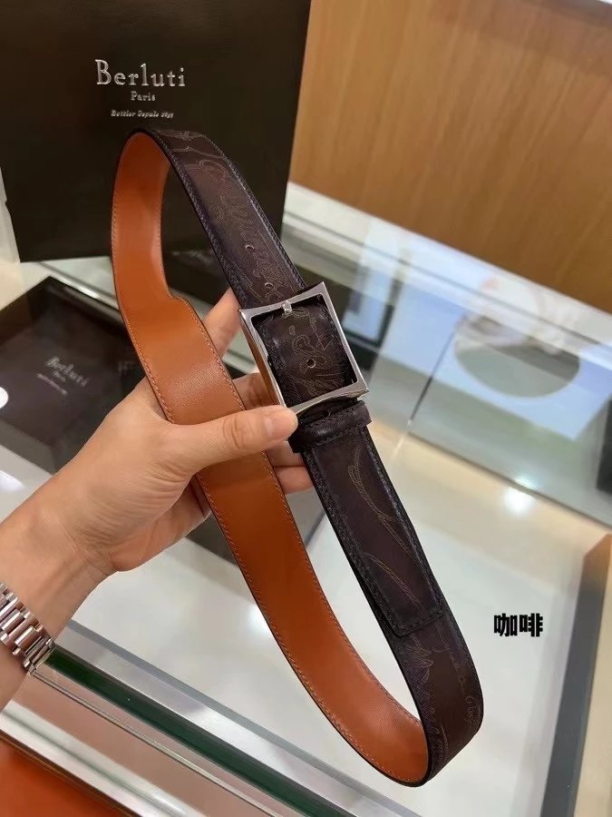 Berluti Belt Top version Original Single Men's New High-End Double-Sided Belt Waist Belt Pure Steel Rotating Pin Buckle Buckle Double-Sided Two-Color Totem Carving Carved Genuine Leather35mm Full Package Belt Men