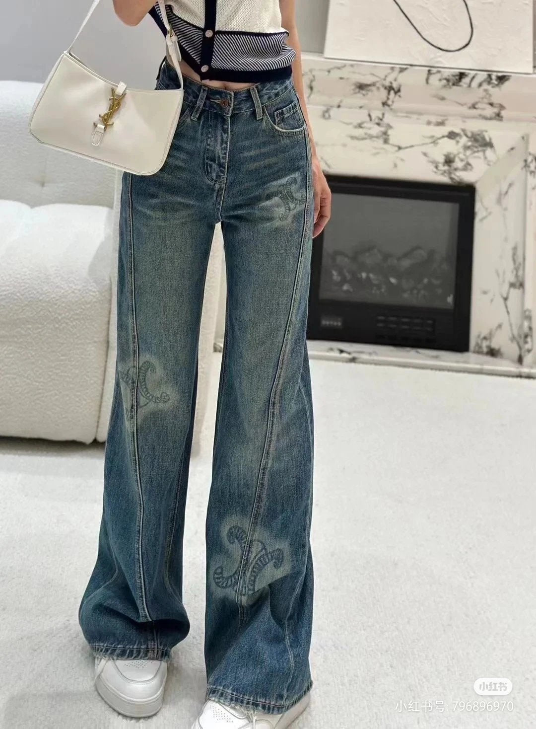 Celine Jeans Irregular Letter Print Denim Straight Leg Pants Women Versatile Casual