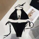 LOEWE Swimsuit Gold Label Letter Bikini Two-Piece Swimsuit Sexy Small Chest Gathered Beach Pool Vacation Hot Spring Backless White Women's Swimwear