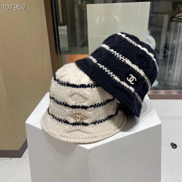 Chanel Hat Women's Wool Knitted Fisherman Hat Autumn and Winter New Korean Style Versatile Dome Bucket Hat Striped Bucket Hat