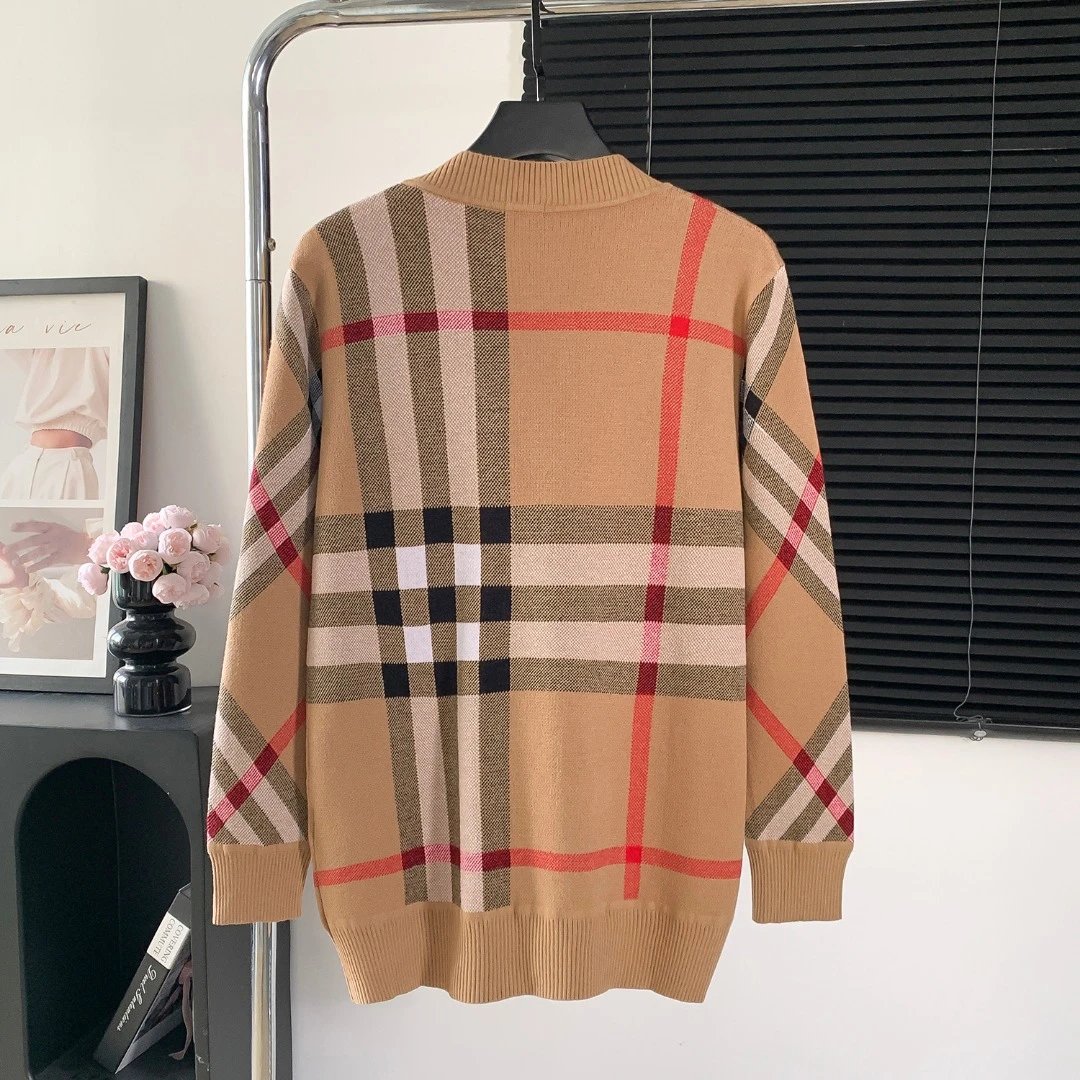 Burberry Sweater Plaid Color Block V Cardigan Sweater for Men and Women, Long Sleeve Pullover, Unisex, Thickened OS Loose Fit Top Versatile Casual Jacket Lazy Style