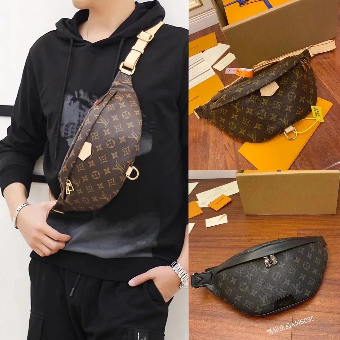 Louis Vuitton LV Men's Bag Top version Original Leather Classic BUMBAG Presbyopic Waist Bag Chest Bag Shoulder Crossbody Unisex Handbag M43644Presbyopic M46035Black Flower M46036Black Leather M46108Gray Leather