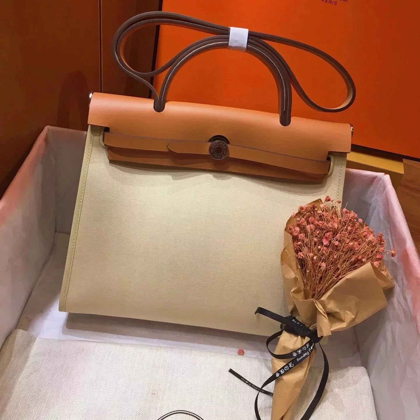 Hermes men's bag Top version 【H Handmade】Canvas Bag herbag31Canvas Stitching Leather One Shoulder Women's Crossbody Handbag Elephant Gray Electric Light Blue