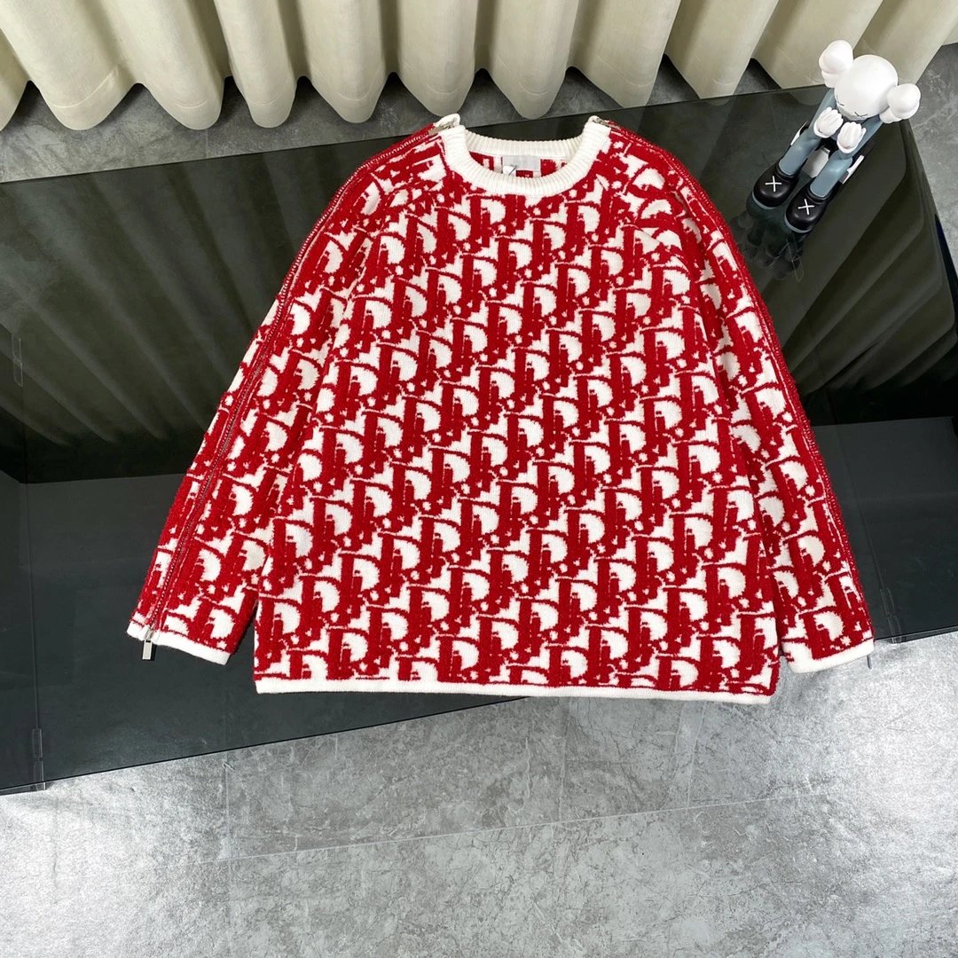 Dior Sweater 24fw New Cashmere Jacquard Towel Embroidery Zipper Long Sleeve Pullover Sweater Unisex Coat
