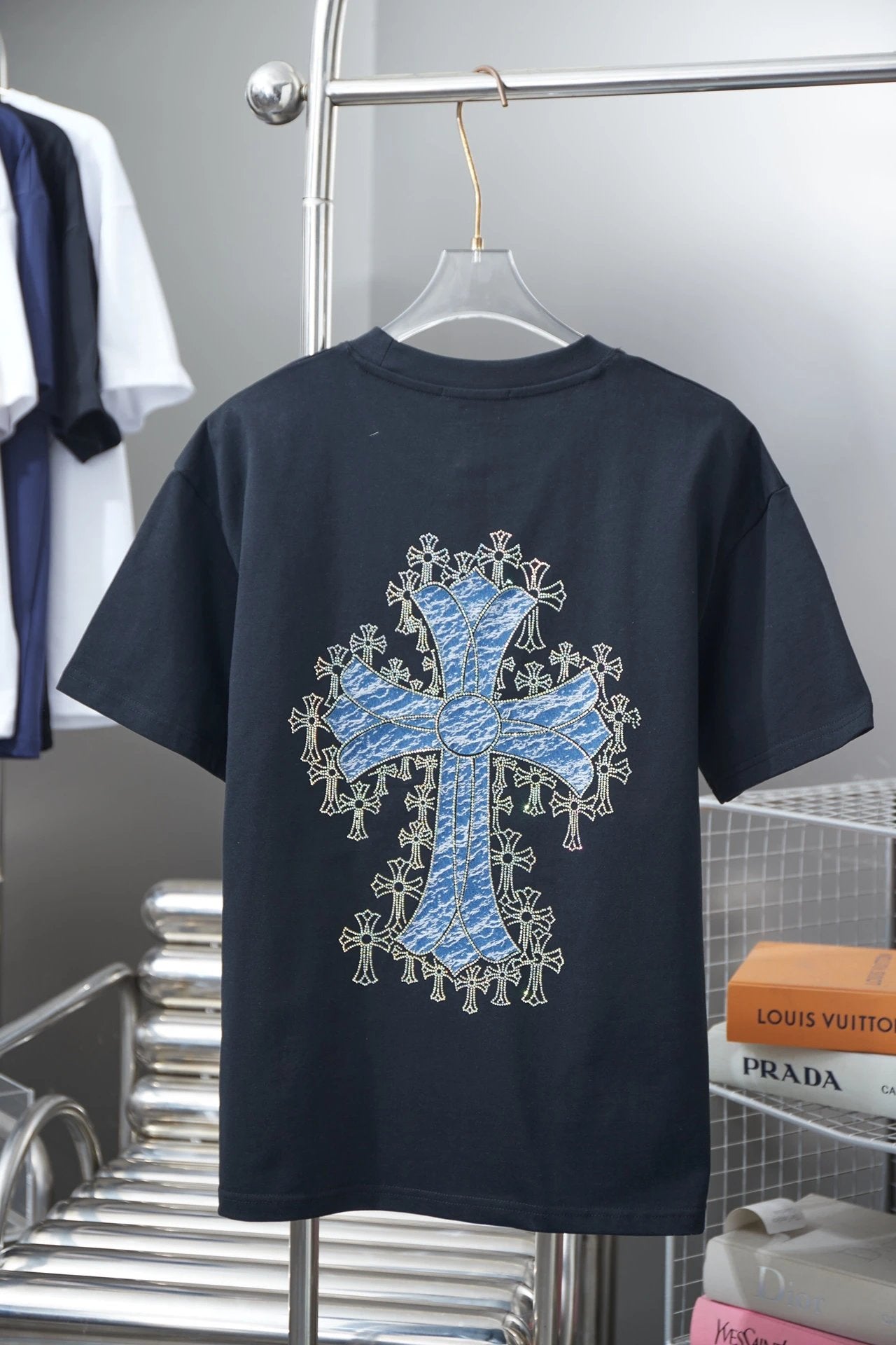 Chrome Hearts T-shirt Early Spring New Style Horseshoe Denim Print Rhinestone Short Sleeve Round Neck Short Sleeve25ss New Pure Cotton Unisex Style T T-shirt OS Loose Fit Base Shirt Short Sleeve Top T-Shirt