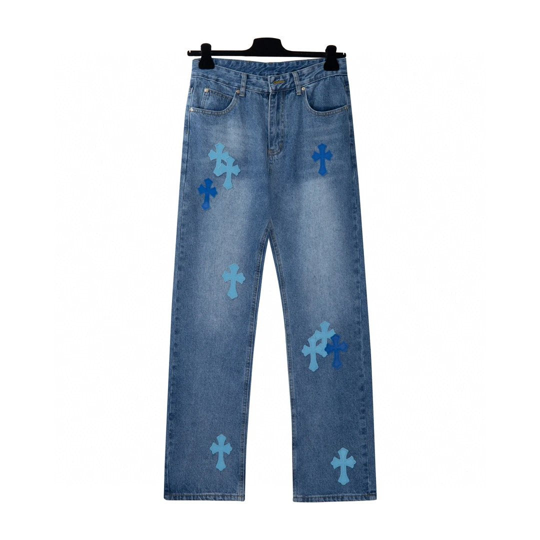 Chrome Hearts Jeans Color-Block Cross Stitch Leather logo25ss Spring Summer New Straight Loose Jeans Unisex Slim Fit Long Pants