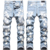 Amiri Jeans New Foreign Trade Style Fashion Blue with Holes Paste Cloth Embroidery Elastic Mid-Waist Feet Men's Jeans