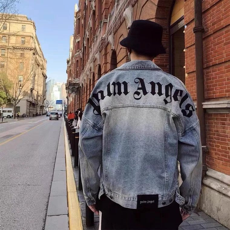 Palm Angels Jackets Top Version Brown Lan2022ss Classic Back Letter Print Washed Denim Jacket Jacket