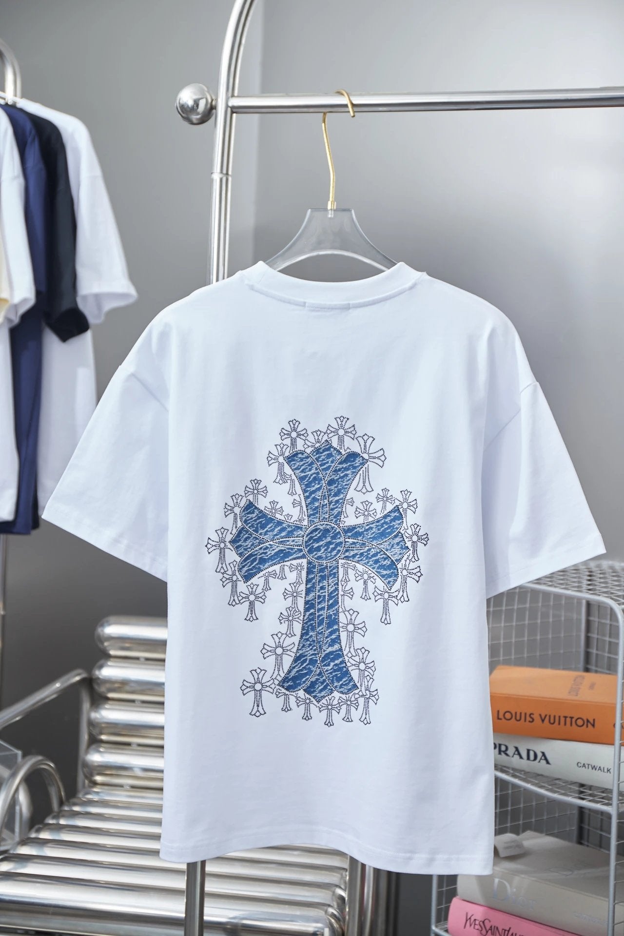 Chrome Hearts T-shirt Early Spring New Style Horseshoe Denim Print Rhinestone Short Sleeve Round Neck Short Sleeve25ss New Pure Cotton Unisex Style T T-shirt OS Loose Fit Base Shirt Short Sleeve Top T-Shirt