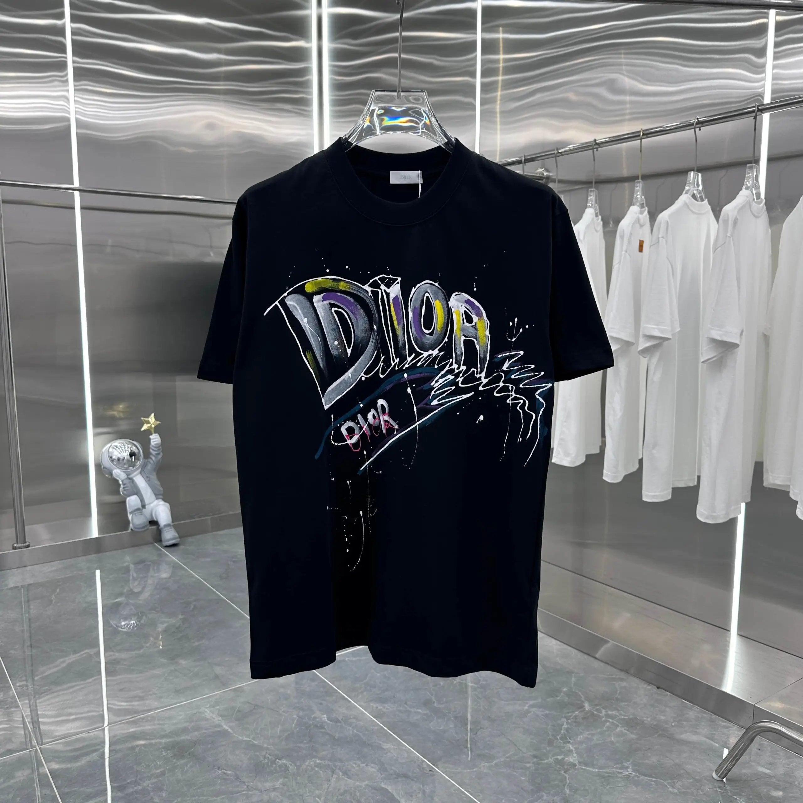 Dior T-shirt Hand-painted Ink Splash Letter Print on Chest logo round Neck Short Sleeve25ss New Pure Cotton Unisex Style T Casual T-Shirt Base Layer Shirt OS Loose Fit Half Sleeve Top Plus Size