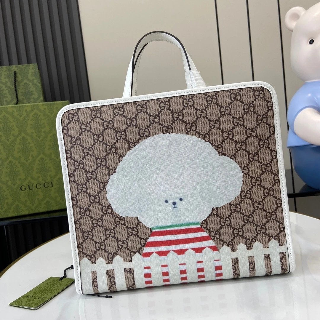 Gucci Women's Bag Top version 【**Version】2023New Children's Printing Series Tote Bag Pink Jason Pattern2024New Children's Bags Tote Package Vegetable Basket Bag605614New Sausage Dog Bichon LADYBIRD